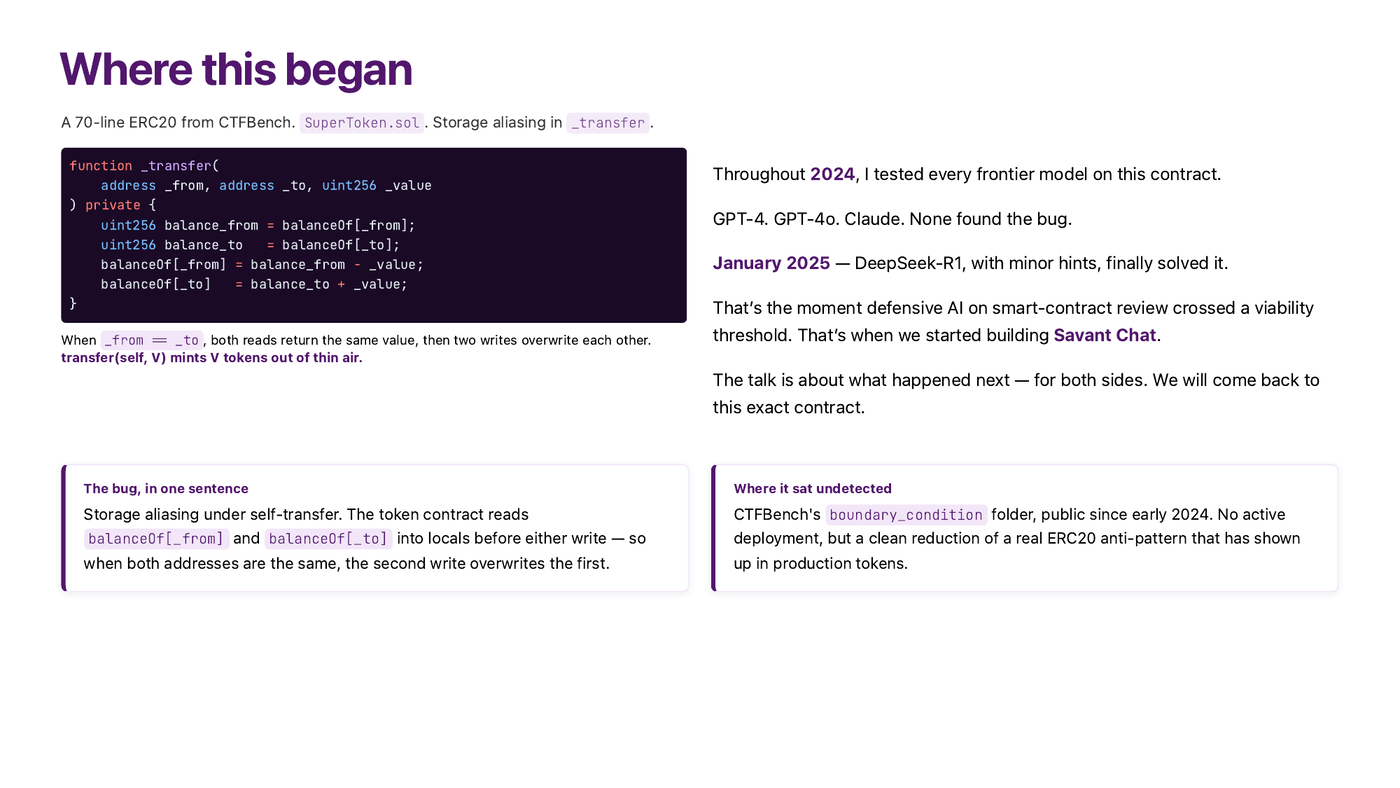 Vulnerable ERC-20 transfer function where from == to mints tokens — slide from Igor Gulamov's ETHPrague 2026 talk