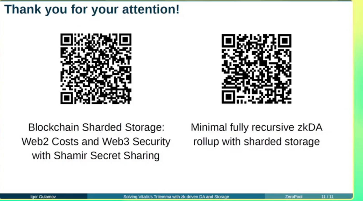 Closing slide with QR links to the Blockchain Sharded Storage and recursive zkDA rollup research — slide from Igor Gulamov's talk